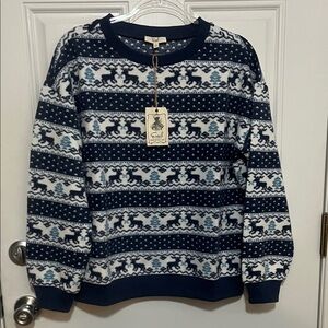 Easel Navy and White Reindeer Crewneck Sweater